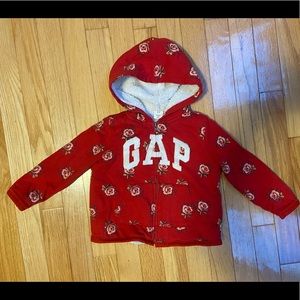 GAP Sherpa lined zip up hoodie, size 2 years, red with floral